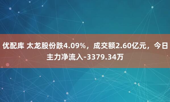 优配库 太龙股份跌4.09%，成交额2.60亿元，今日主力净流入-3379.34万